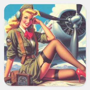 Vintage-Flugzeug-Pin-Up Quadratischer Aufkleber