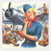 Vintage-Flugzeug Pin-up Quadratischer Aufkleber (Vorderseite)