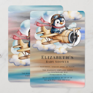 Vintage-Flugzeug Pinguin-Junge-Baby-Party Einladung