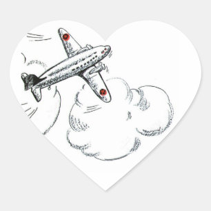 Vintage-Flugzeug Schwarz-Weiß-Zeichnung Herz-Aufkleber