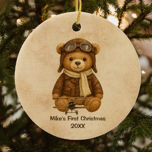 Vintage-Flugzeug Süßer Teddybär Flieger Whimsical Keramik Ornament