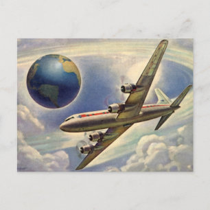 Vintage-Flugzeug um die Erde, Adressänderung Ankündigungspostkarte