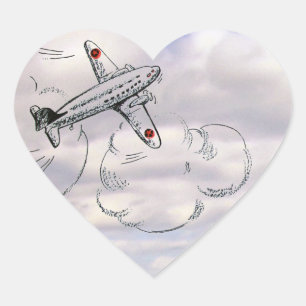 Vintage-Flugzeugzeichnung in den Wolken Herz-Aufkleber