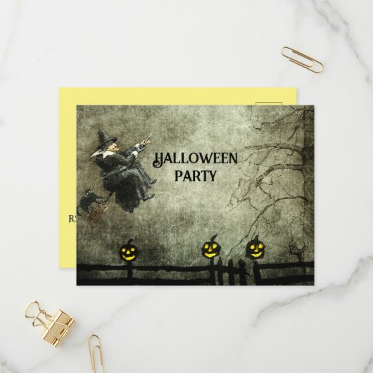 Vintage Flying Hexe am nächtlichen Grinning Pumpki Einladungspostkarte (Vorderseite/Rückseite Beispiel)