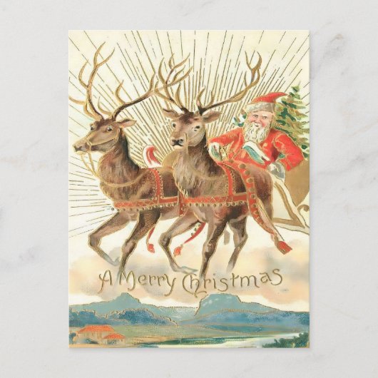 Vintage Flying Santa & Majestic Reindeer Postkarte (Vorderseite)