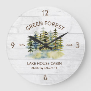 Vintage Foggy Green Forest Watercolor Cabin Lodge Große Wanduhr