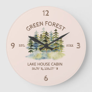 Vintage Foggy Green Forest Watercolor Cabin Lodge Große Wanduhr