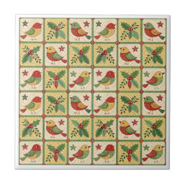 Vintage Folk Art Christmas Bird Holly Pattern Fliese