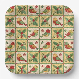 Vintage Folk Art Christmas Bird Holly Pattern  Pappteller