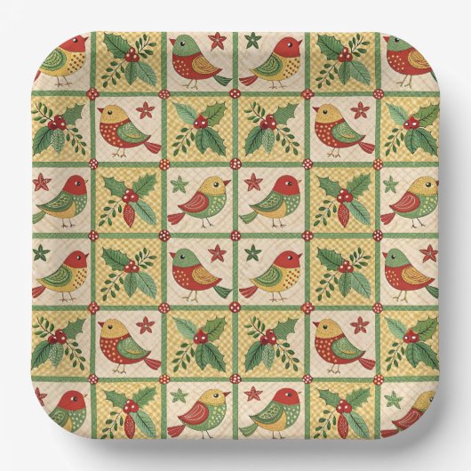 Vintage Folk Art Christmas Bird Holly Pattern  Pappteller (Vorderseite)