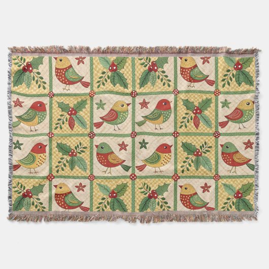 Vintage Folk Art Christmas Birds & Holly Berry Decke (Vorderseite)