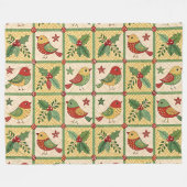 Vintage Folk Art Christmas Birds & Holly Berry Fleecedecke (Vorderseite (Horizontal))