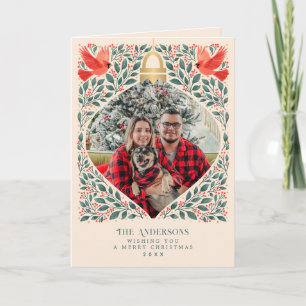 Vintage-Folk-Art-Kardinal-Weihnachtslaub-Foto Feiertagskarte