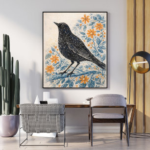 Vintage-Folk-Art-Vogelprint, Cottagecore-Tier Poster