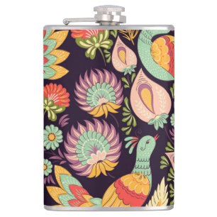 Vintage Folk Floral Birds Ornament Flachmann