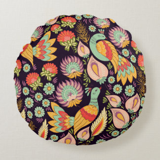 Vintage Folk Floral Birds Ornament Rundes Kissen