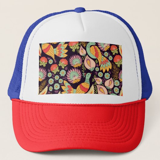 Vintage Folk Floral Birds Ornament Truckerkappe (Vorderseite)