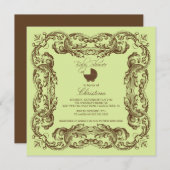 Vintage Frame Brawn Green Baby Dusche Einladung (Vorne/Hinten)