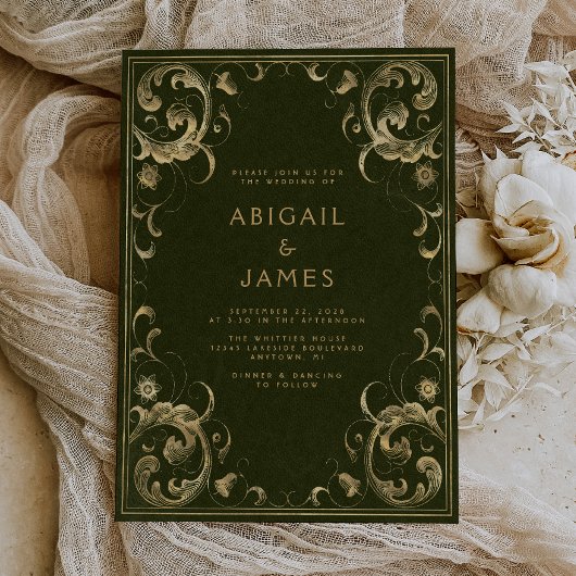 Vintage Frame Olive Green Gold Hochzeit Einladung