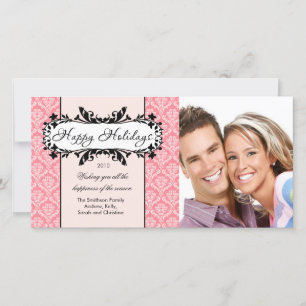 Vintage Frame Pink Damask Holiday Foto Card Feiertagskarte