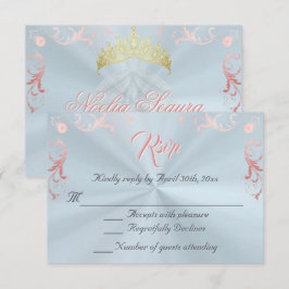 Vintage Frame Quinceanera RSVP - Blue/Rose Gold Karte