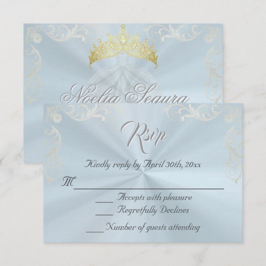 Vintage Frame Quinceanera RSVP - Blue/Silver Karte (Vorne/Hinten)