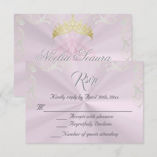 Vintage Frame Quinceanera RSVP - Pink/Silver Karte (Vorne/Hinten)