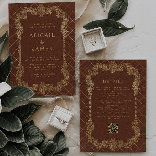Vintage Frame Rust Gold QR Code Hochzeit Einladung