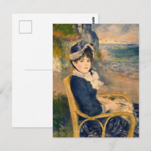 Vintage Französin beim Stricken am Strand Kunst Postkarte