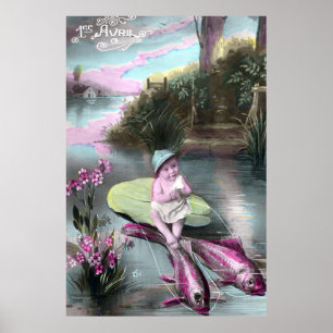 Vintage französische Aprilscherz-Postkarte Poster