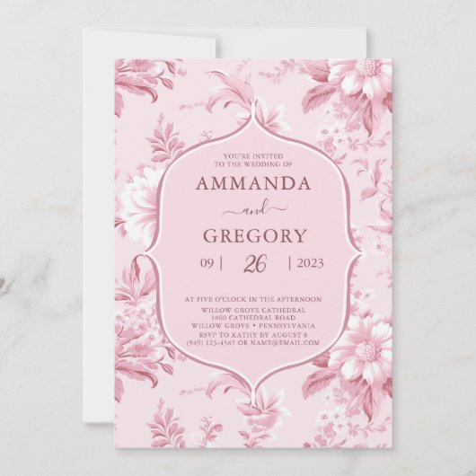 Vintage französische Blumentoilette Rosa Hochzeit Einladung (Vorderseite)