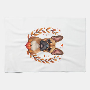 Vintage Französische Bulldogge mit Herbstlaubkranz Geschirrtuch