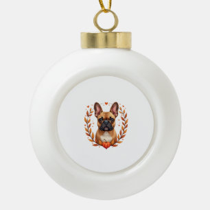 Vintage Französische Bulldogge mit Herbstlaubkranz Keramik Kugel-Ornament