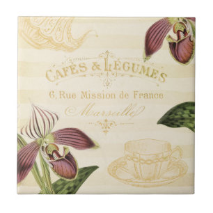 Vintage französische Café-Werbung mit Orchideen Fliese