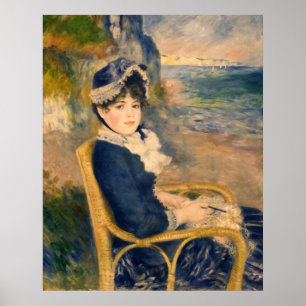 Vintage Französische Dame, die am Strand strickt K Poster