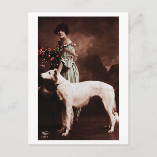 Vintage französische Dame mit Hund Postkarte (Vorderseite)