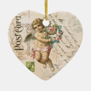 Vintage französische Engelvalentine-Herzverzierun Keramikornament