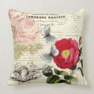 Vintage-französische Ephemera Rosen Schmetterlinge Kissen