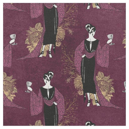 Vintage französische Frau mit Wein am Maroon Stoff (Nahaufnahme)