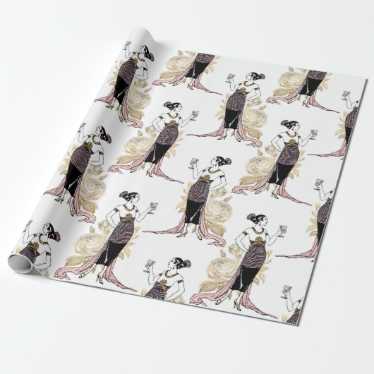 Vintage französische Frau mit Wein in Rosa Geschenkpapier (Ungerollt)