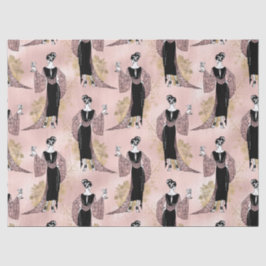 Vintage französische Frau mit Wein in Rosa Seidenpapier