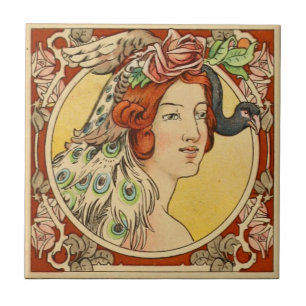 Vintage französische Frauen-Kunst Nouveau Keramik Fliese