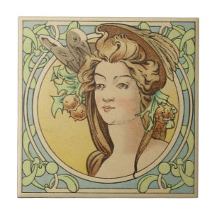 Vintage französische Frauen-Kunst Nouveau Keramik Fliese