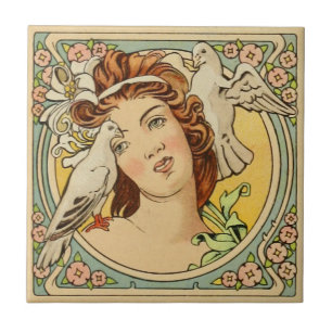 Vintage französische Jugendstil-Keramik Fliese