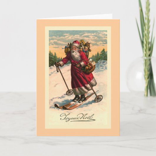 Vintage französische Karte "Santa on Skis" (Vorderseite)