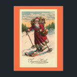 Vintage französische Karte "Santa on Skis"<br><div class="desc">Entworfen von Susan Epps Oliver. Vintages französisches Bild mit dem Weihnachtsmann auf den Skiern. Er sieht sehr glücklich aus,  einen Berg mit einem Obstkorb auf seinem Arm und einem Sack Spielzeug auf seinem Rücken hinunter zu fahren.</div>