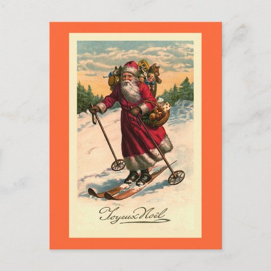 Vintage französische Karte "Santa on Skis" (Vorderseite)