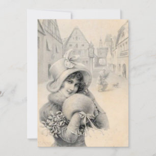 Vintage französische Lady Christmas Hat Muff Mistl Feiertagskarte