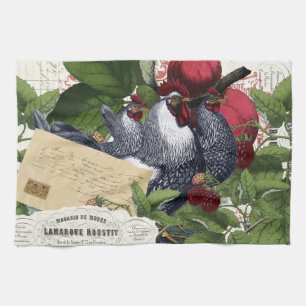 Vintage-Französische-Landküche-Hühner-Collage Geschirrtuch