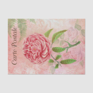 Vintage französische Postkarte Rosa Blume Dekoupag Seidenpapier